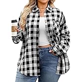Womens Plaid Shirts Plus Size Soft Long Sleeve Button Down Flannel Shirt Roll Up Oversize Checkered Blouse Top