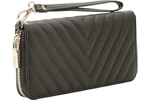 B BRENTANO Brentano Vegan Leather Slim Single-Zipper Chevron Embroidered Wallet Clutch with Removable Wrist Strap (Olive)