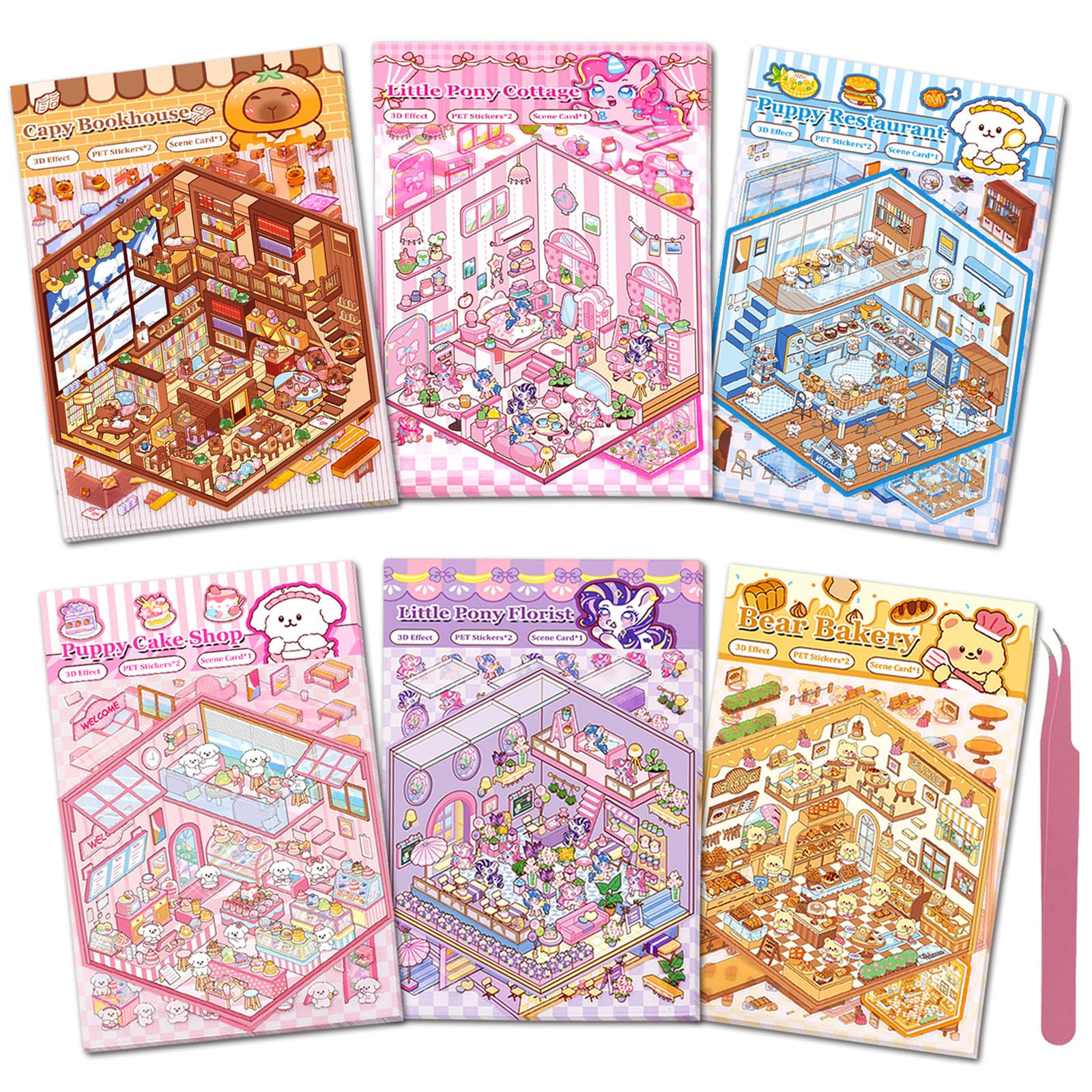 DIY 3D Sticker Scenes for Girls, 6 Sets Make Your Own Scene Stickers for Kids, Cute Kawaii Scene Stickers, Therapy Stickers for Stress Relief, Holiday Christmas Activity, Easter Basket Stuffers