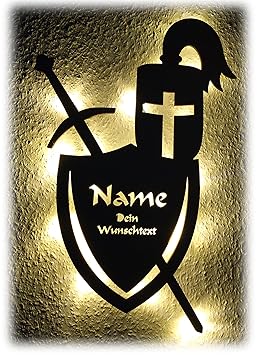 Schlummerlicht24 Licht & Deko Ritter Rüstung Helm Schwert und Schild I Ein LED Geschenk aus Holz mit Name Personalisiert und 