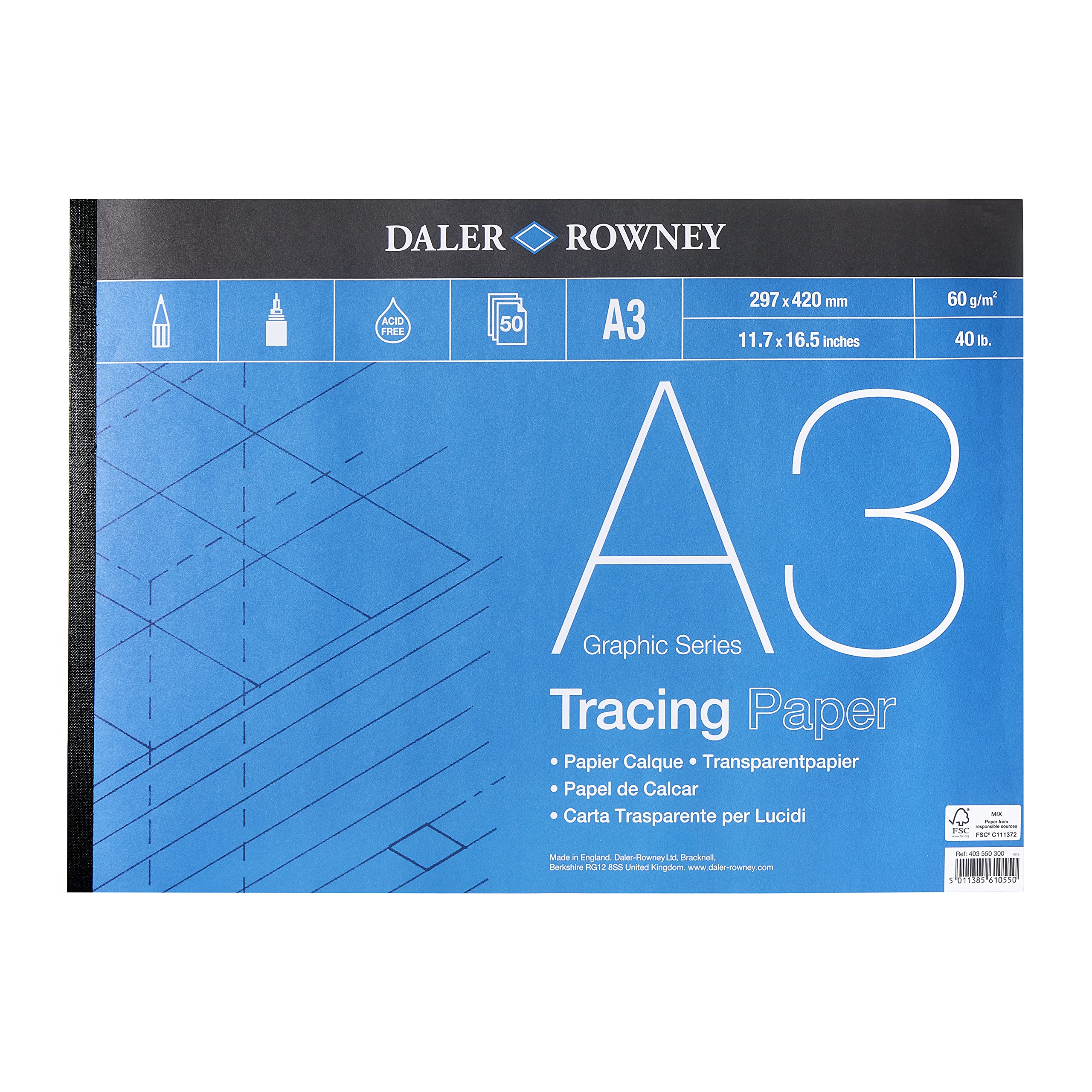 Daler-Rowney Graphic Series A3 60gsm Tracing Paper Pad, 50 Sheets, Acid-Free, Ideal for Artists & Students