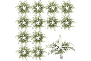 Canlierr 12 Pack Christmas Pine Taper Candle Rings Wreaths Decorations 1.38 Inch Mini Pine Taper Candle Holder Wreaths for Xmas Holiday Church Home Table Centerpiece Candlesticks Decor