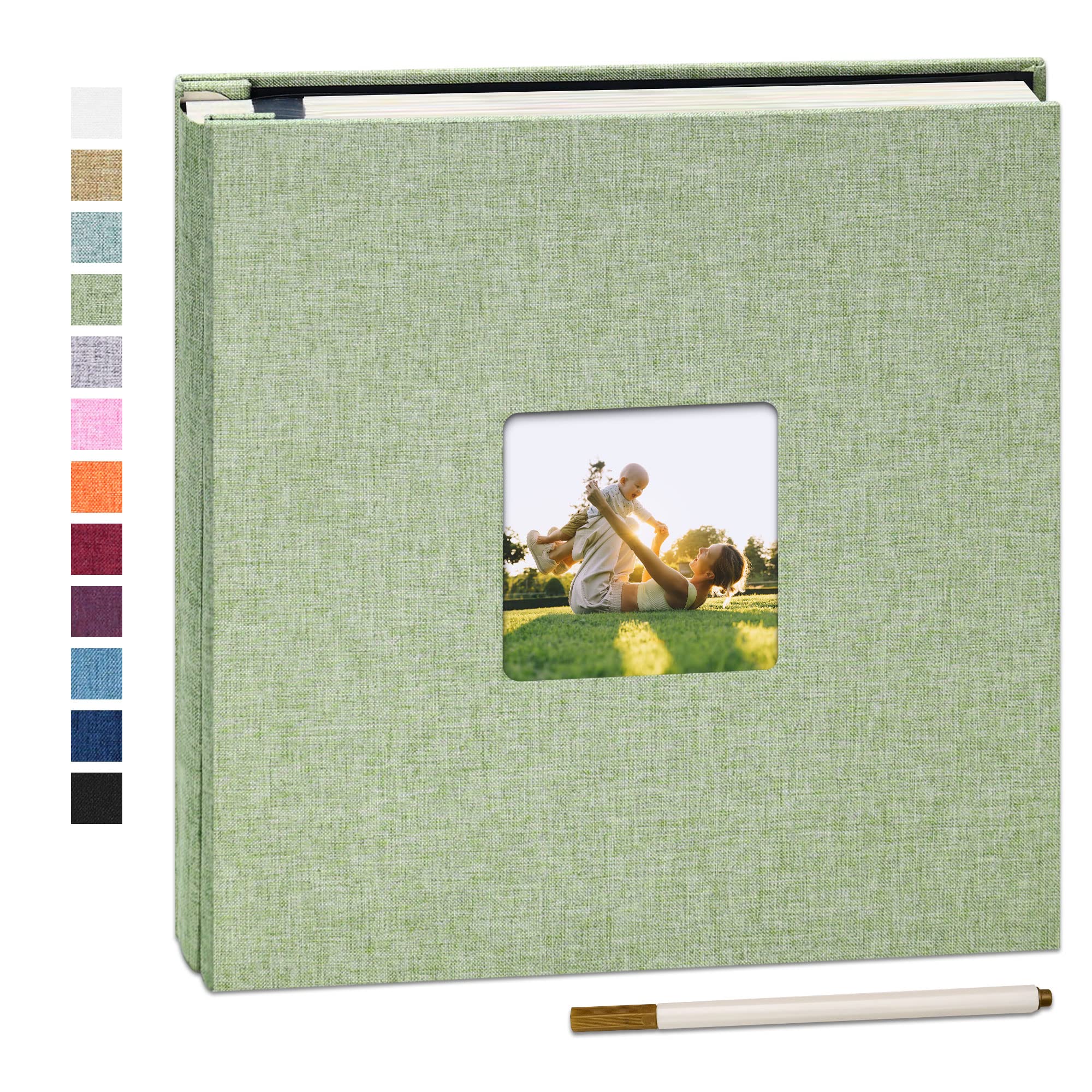 Yopih Self Adhesive Photo Album 28x27cm Fits 10x15 8x13 13x18 15x20 20x25 cm Photo Scrapbook with Window 40 Pages Linen Cover with A Metallic Pen DIY Memory Book for Baby Wedding Family Grassgreen