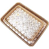 i-lan 2-Piece Rectangular Rattan Serving Trays with Mother of Pearl Inlay, 13" & 11.5" Decorative Storage Trays for Home Organization, Entertaining, and Tabletop Display