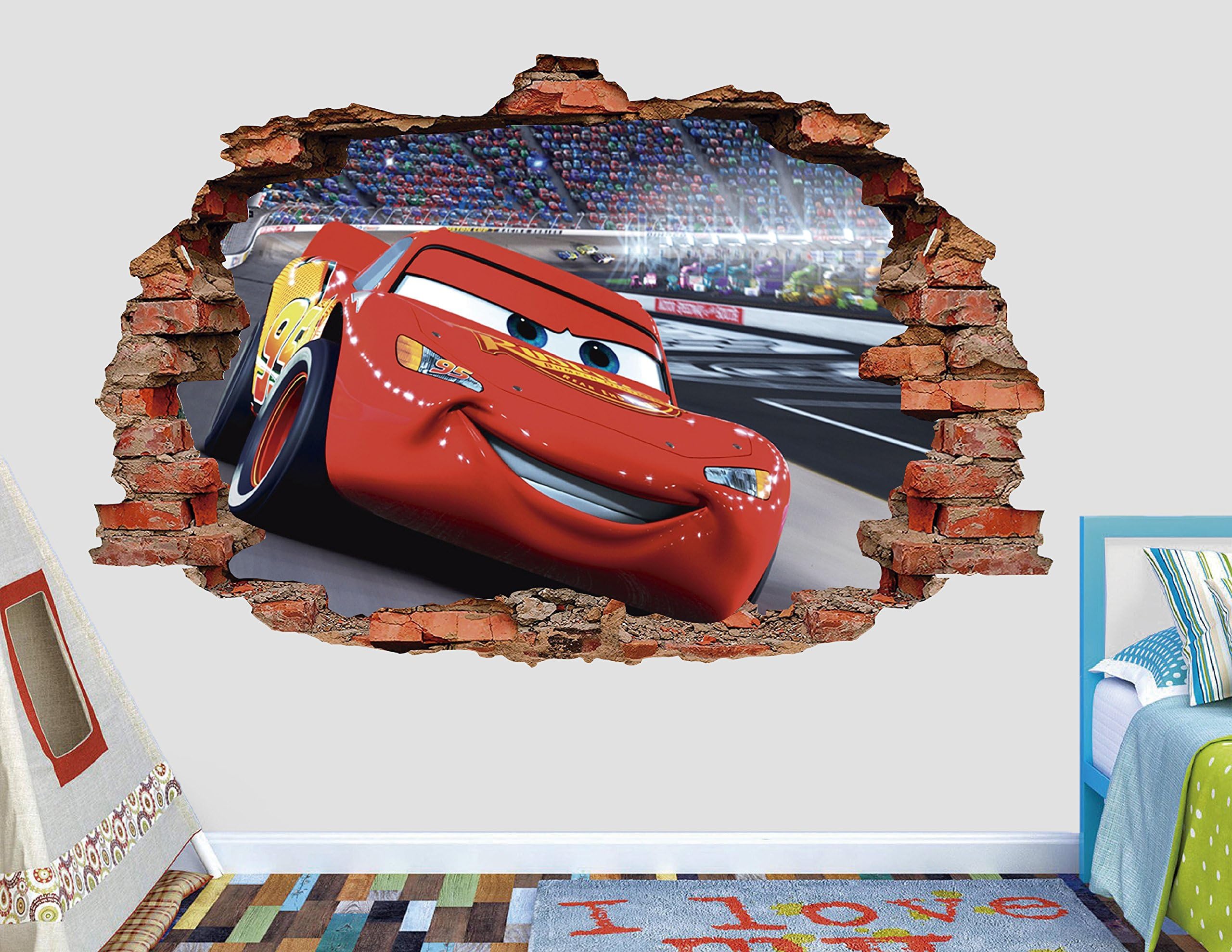 Cars 3 Lightning MCqueen 3D Sticker Wall Decal Smashed Vinyl Decor Mural Movie - Broken Wall - 3D Designs - AL32 (Large (Wide 40" x 24" Height))