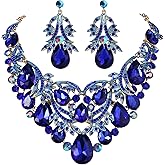 BriLove Women's Bohemian Boho Crystal Teardrop Filigree Leaf Hollow Statement Necklace Dangle Earrings Set