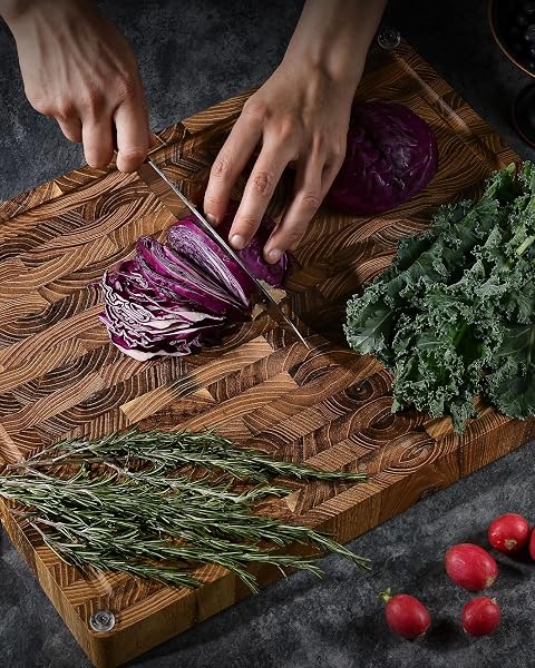 KYOKU END GRAIN WOOD CUTTING BOARD, 20X15 IN. BOARD FOR KITCHEN WITH 3 INGREDIENT HOLDERS & WAX OIL INCLUDED, REVERSIBLE TEAK WOOD CUTTING BOARD BUTCHER BLOCK FOR CHOPPING CUTTING CARVING