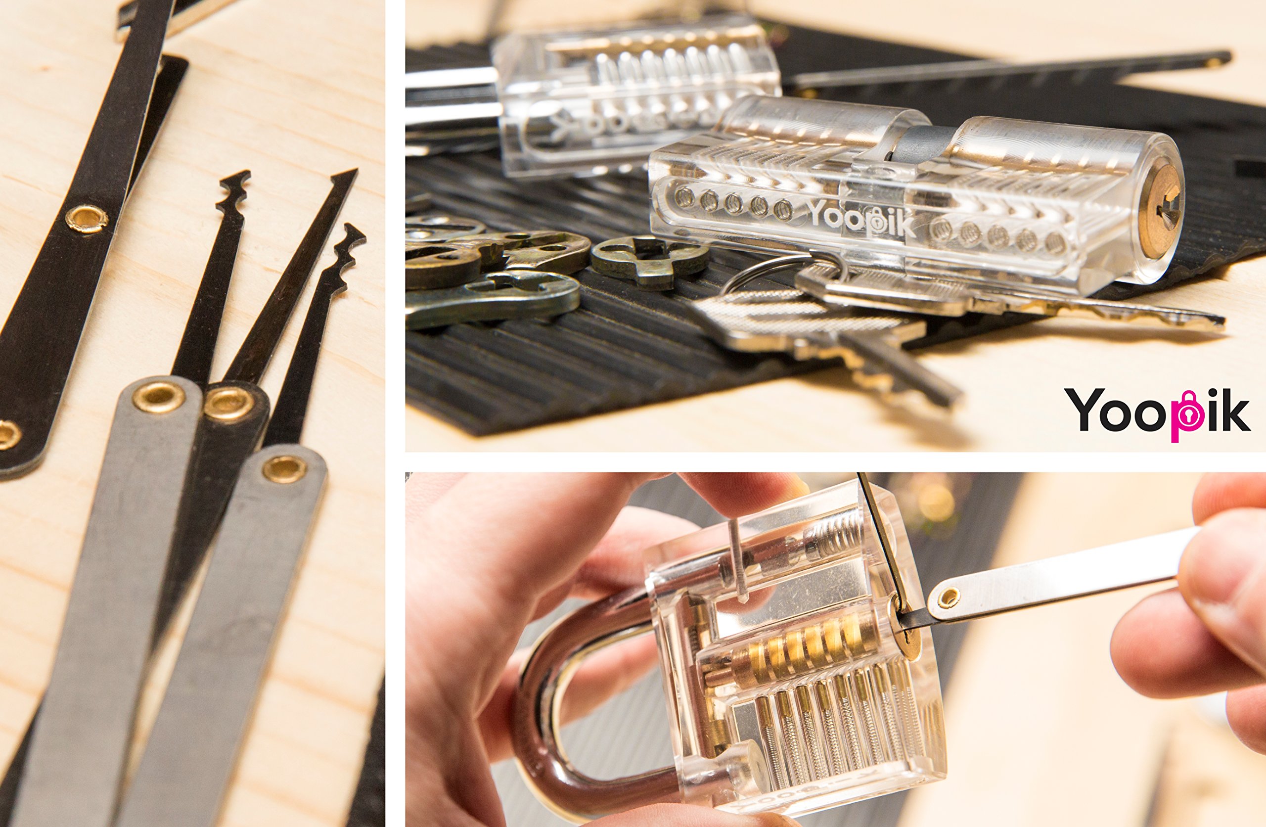 Yoopik Lock Picking Set 15 Pieces with Clear Transparent Padlock and Euro Cylinder for Lockpicking Training and Practice, a Carrying Pouch and Ebook Guide