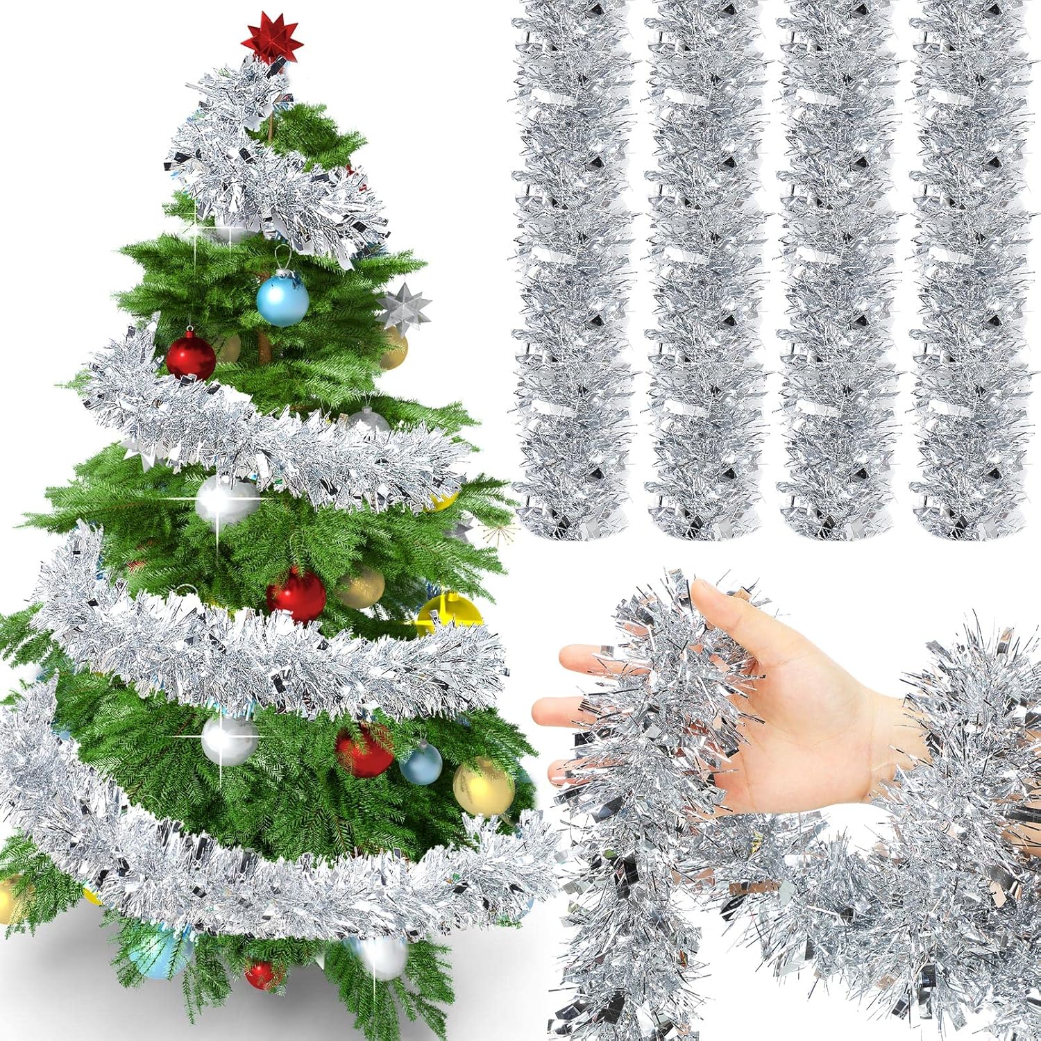 Wreaths, Garlands & Swags - 72 Feet Christmas Tinsel Garland Shiny Metallic Tinsel Twist Garland Streamers Ornaments Long Glitter Christmas Tree Hanging Decorations for Party Holiday Wedding Birthday Tree Wall Rail (Silver)