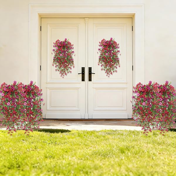 SENJIE 4 PCS ARTIFICIAL HANGING FLOWERS FOR OUTDOOR SPRING DECOR, UV RESISTANT FAKE SILK FAUX FLOWERS PLANTS FOR OUTSIDE PORCH PATIO BALCONY PLANTERS