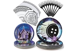 BOpusail 96P Starry Night Ghost House Party Tableware Set, Party Supplies for Kids Birthday School Spooky Night Theme Serves 24 Guests, Disposable Dinnerware Paper Dessert Dinner Plates Napkins Forks