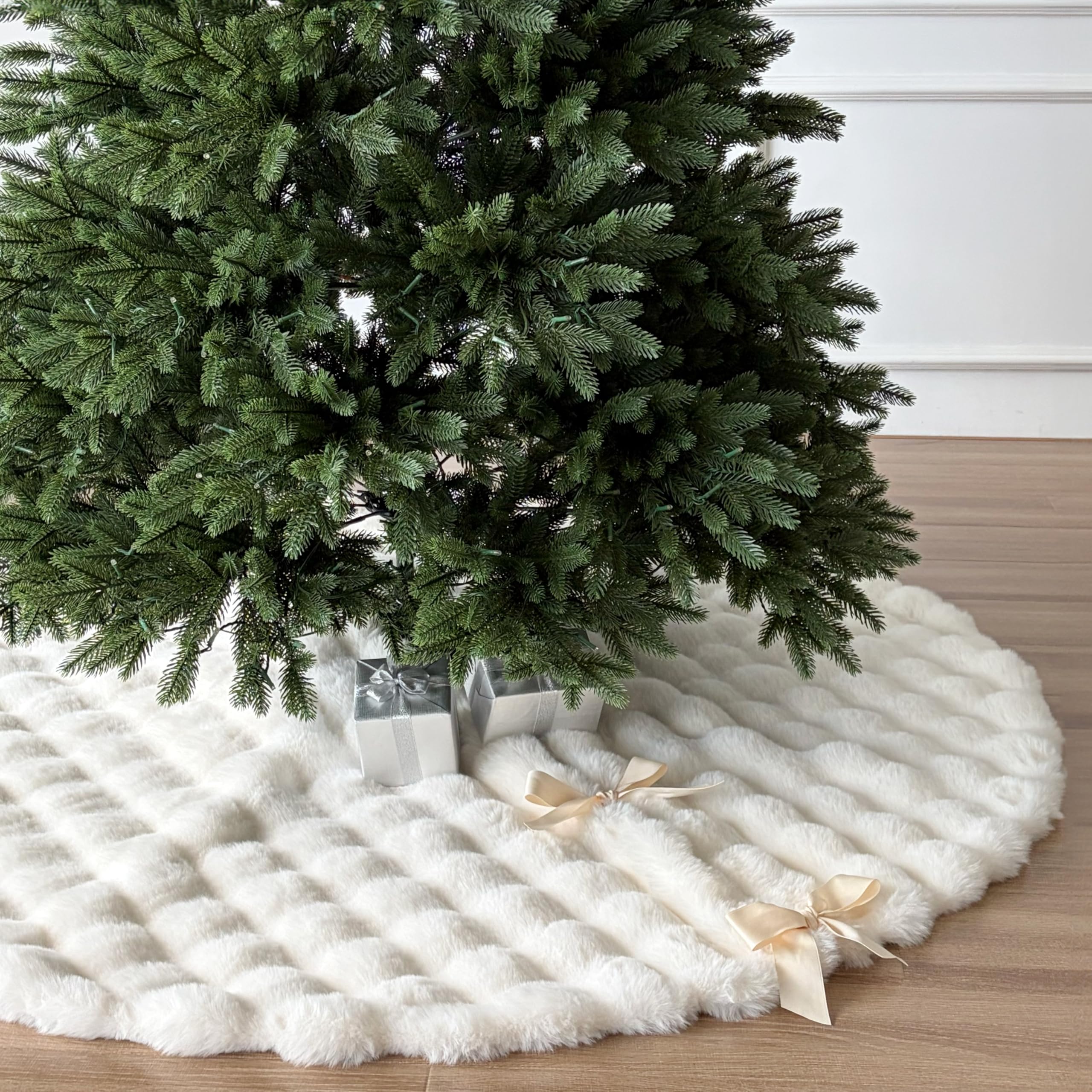 Photo 1 of Starry Dynamo 60-Inch Puff Quilt Faux Fur Christmas Tree Skirt, Soft Plush Tufted Texture with Satin Ribbon Ties, Cream