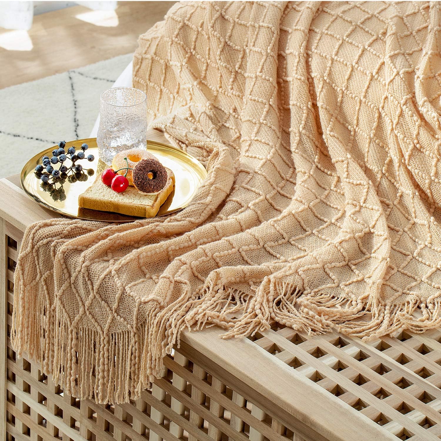 Bedsure 100% Acrylic Knit Throw Blanket, 50×60 Inch - Soft Warm Cozy Lightweight Decorative Blanket with Tassels for Couch, Bed, Sofa, Travel - All Seasons Suitable for Women, Men and Kids (Camel): Home & Kitchen