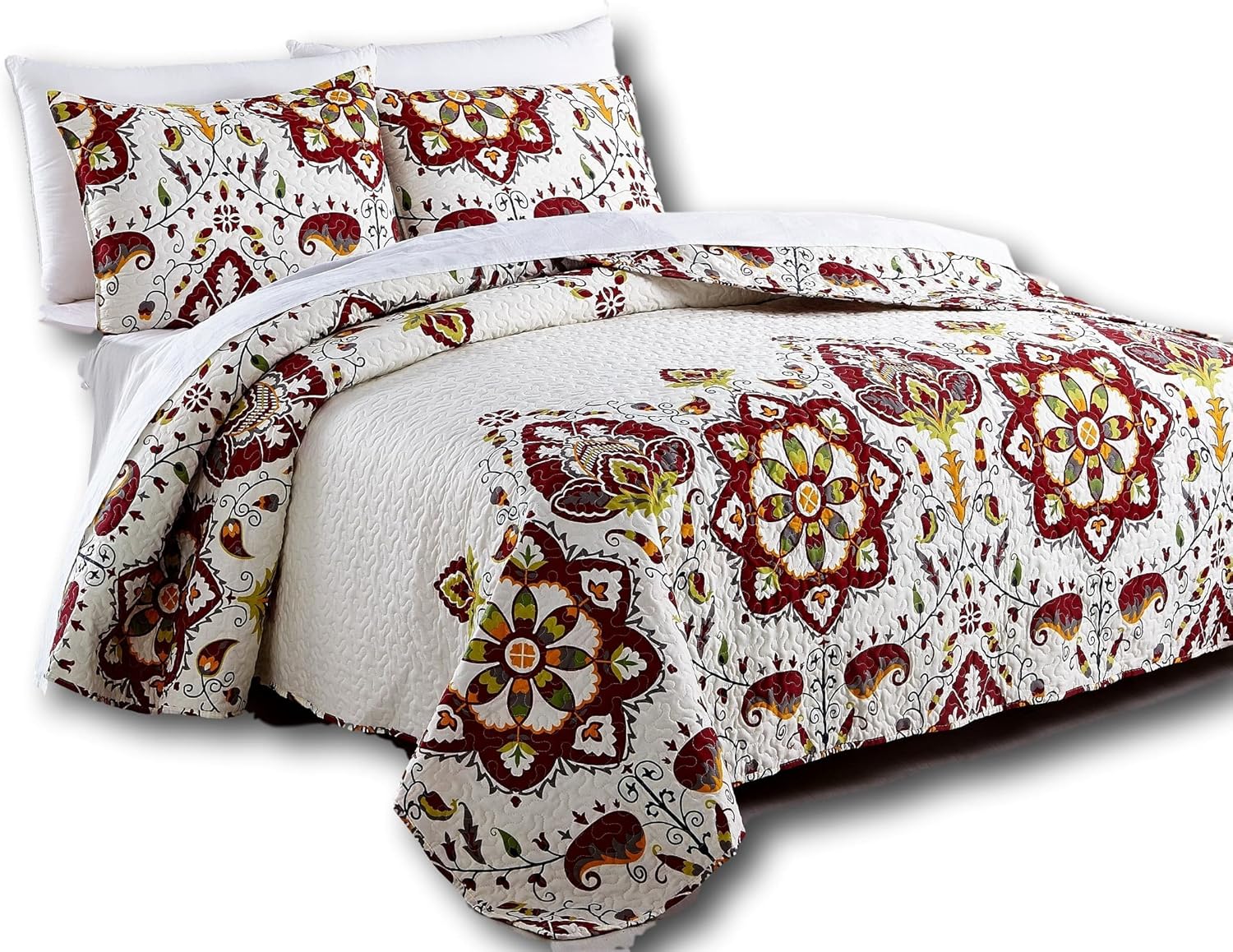 Amazon Com Dada Bedding Collection Casablanca Elegant Bohemian Quilted Coverlet Bedspread Set Bright Vibrant Floral Paisley Multi Colorful White Red Queen 3 Pieces Home Kitchen