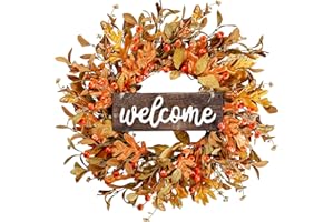 Sggvecsy Artificial Fall Wreath - 18'' Autumn Front Door Wreath with Fall Leaves, Small Pumpkins, Cluster of Berries for Outside, Indoor, Wall, Window, Festival, Thanksgiving Decor