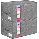 boailydi 60L Blanket/Comforter Storage Bag w/Rigid Side & Bottom Support, Stackable Clothes Storage Bin for Sweaters Bedding Sets Quilts Pillows, Closet Organizer, 21.7x14.2x11.8in, 2 Pack, Gray