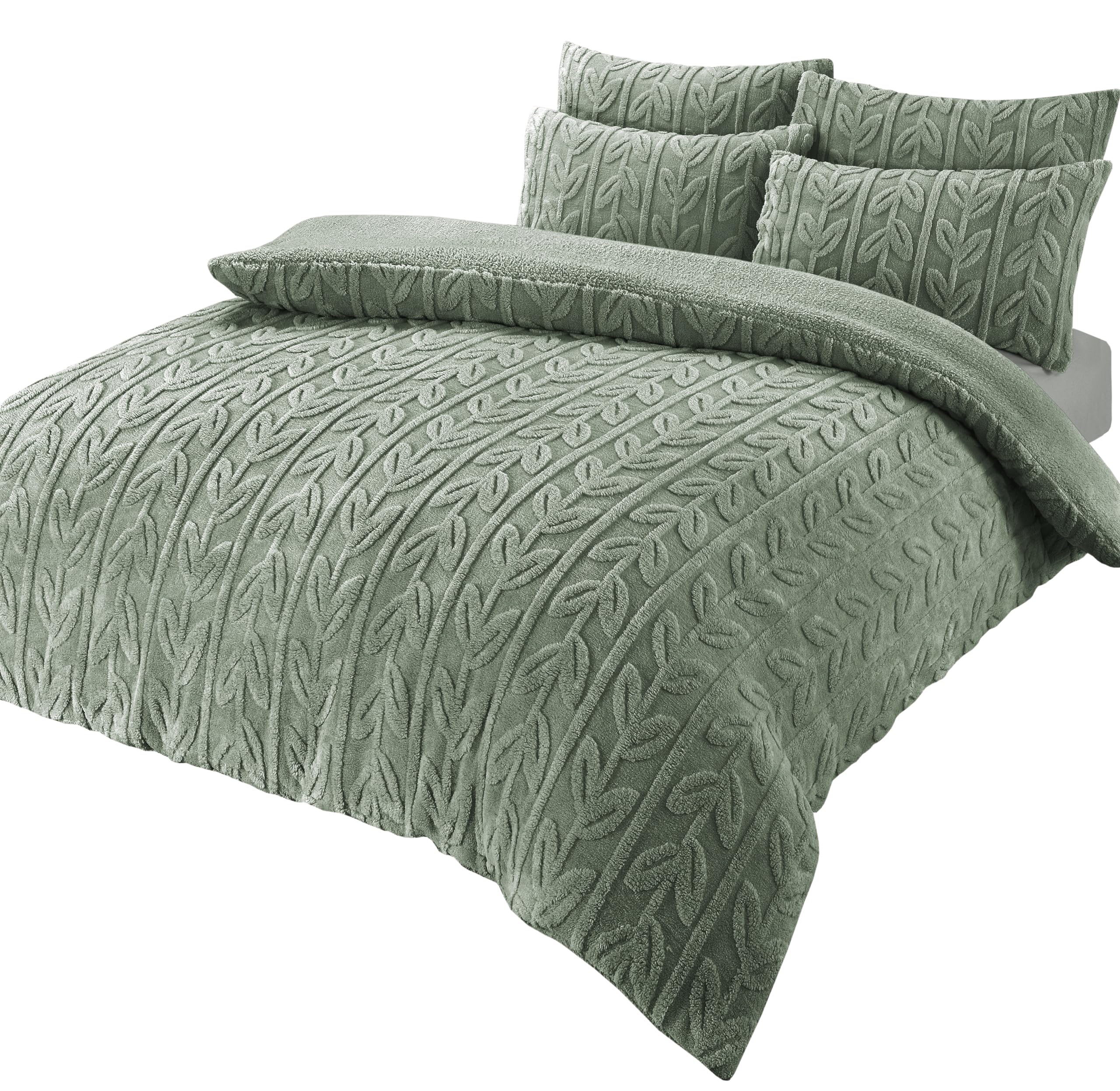 Olivia Rocco Leaf Teddy Fleece Duvet Cover Set Easy Care Quilt Bedding Sets with Pillow Case Thermal Warm Cosy Super Soft Fluffy Comforter Bed linens, Double Sage Green โ image 1