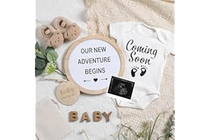 Canlierr 8 Pcs Pregnancy Announcement Set Pregnancy Reveal Ideas Include Felt Letter Round Board Kit Baby Bodysuit Booties Wood Blocks Wooden Signs for Coming Soon Baby Announcement(White)