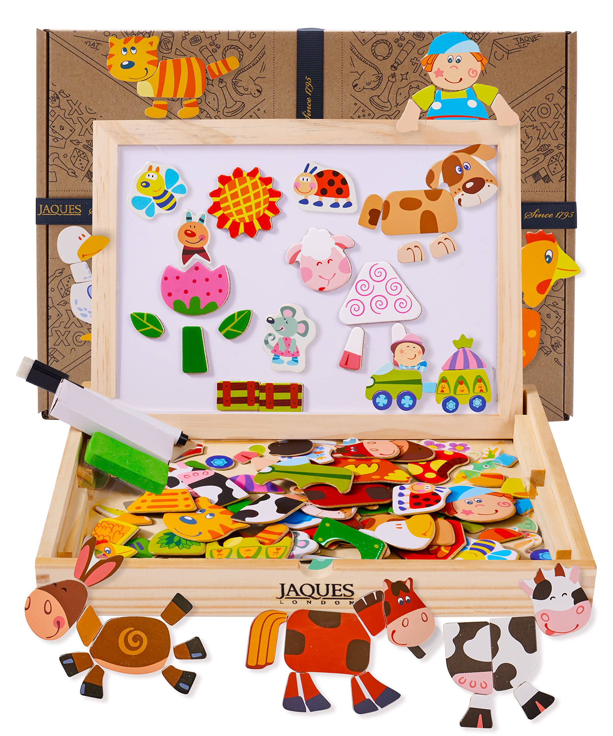 Jaques of London Farm Magnetic Drawing Board Kids | Wooden Toys for 3 Year Olds + | with White Board and Magnetic Farm Animals | Since 1795
