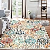ROYHOME 8x10 Area Rug Moroccan Trellis Machine Washable Rug Vintage Medallion Distressed Indoor Accent Rug Stain Resistant Non-Slip Floor Cover Carpet for Living Room Bedroom, Cream