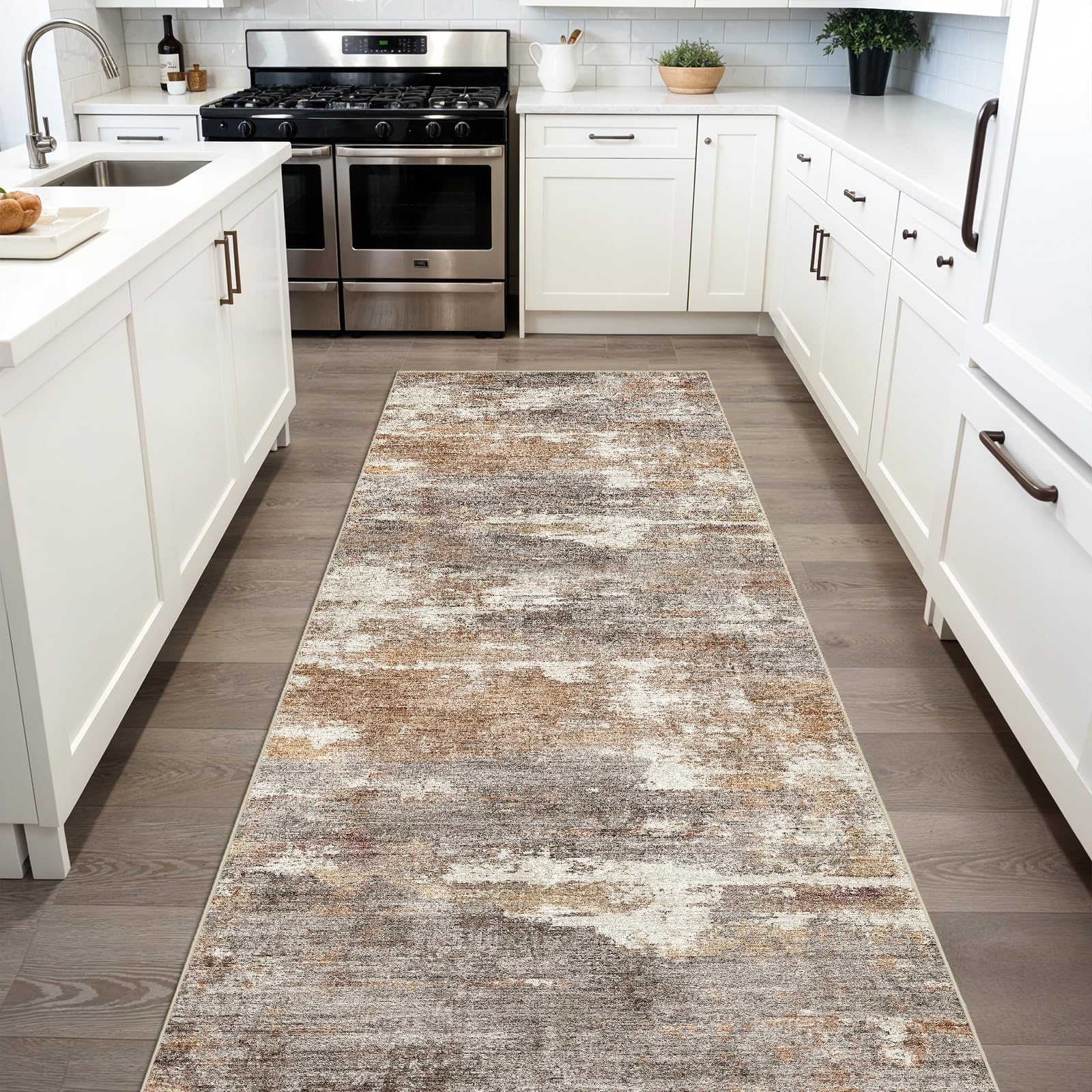 3x6 Washable Kitchen Runner Rug: Modern Abstract Runners for Hallway Soft Non Slip Rugs with Rubber Backing Low Pile Thin Floor Carpet for Entryway Bedroom Bathroom Bedside Indoor(Brown/Brick,3x6) Image