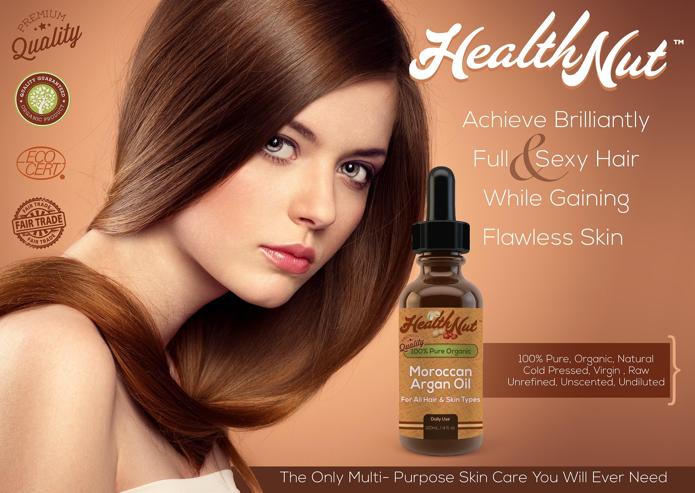 Health Nut 100% Organic Moroccan Argan Oil for Skin and Hair - All Natural Beauty Product for Daily Use - Bottle with Dropper 4 fl oz