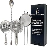 Cocktail Strainer Set Stainless Steel Bar Tool with Stirring Spoon - Hawthorne Strainer, Julep Strainer, Fine-Mesh Strainer /