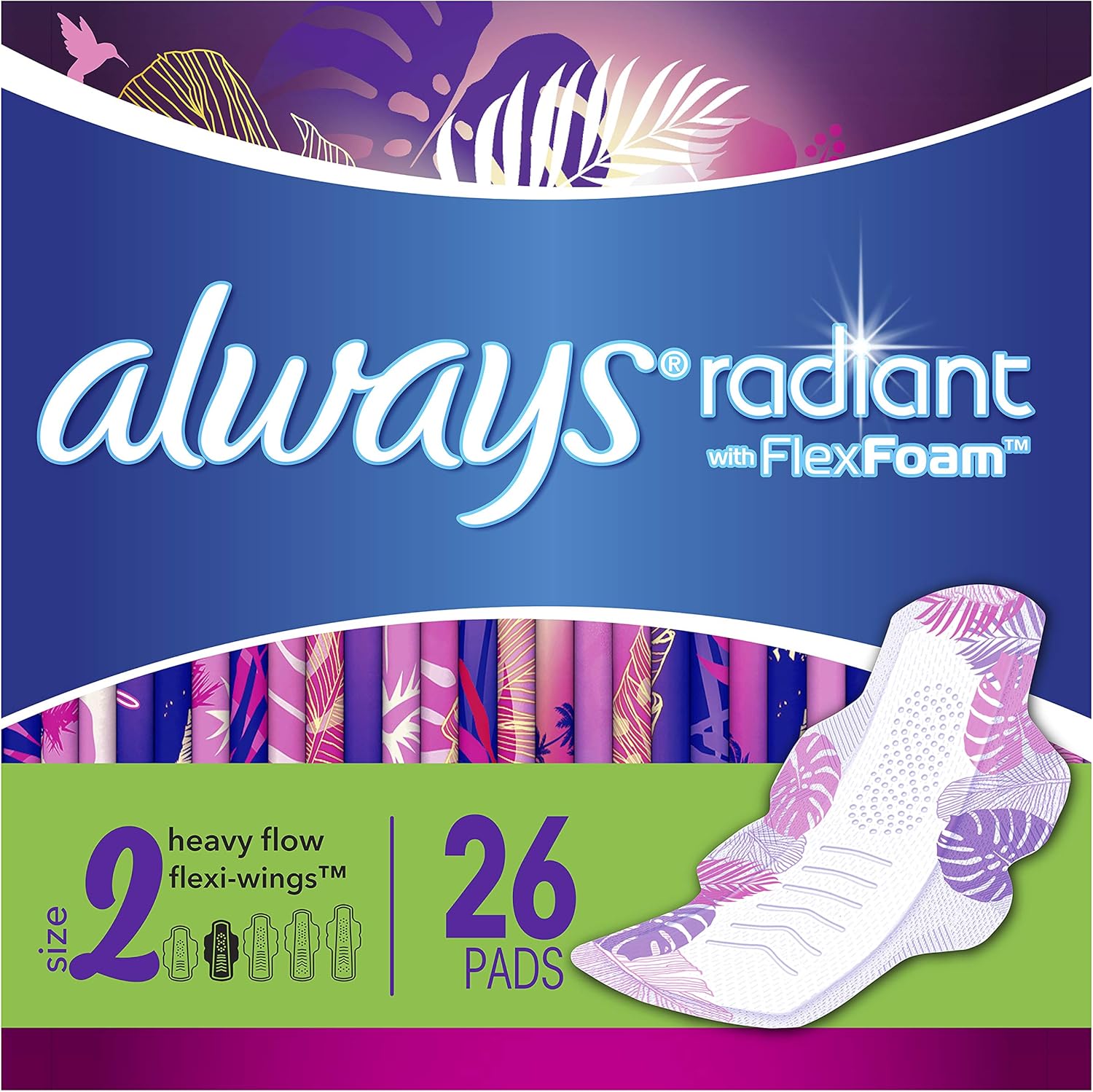 Always Radiant Feminine Pads for Women, Size 2, 78 Count, Heavy Flow Absorbency, with Flexfoam Wings, Light Clean Scent, 26 Count, Pack of 3 - 78 Count Total): Health & Personal Care