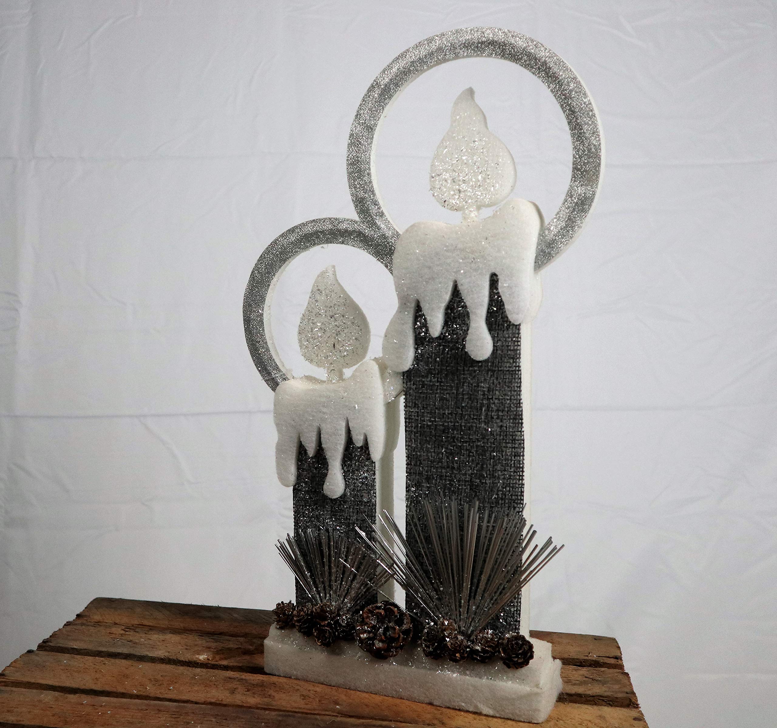 41Cm Christmas Pre Lit Twin Candles Battery Operated Glitter Foam Snow Covered Finish Table Decoration Grey