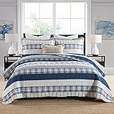 Homzard King Size Comforter Set - 100% Cotton Blue White Tan Quilt King Size,Farmhouse Plaid Striped Bedspread Set,Reversible Lightweight Quilts 3 Pieces