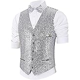 Pixiemain Sequin Vest Party Formal V-neck Shiny Waistcoat Bowtie Set for Wedding Events Mardi Gras St Patricks day Carnival