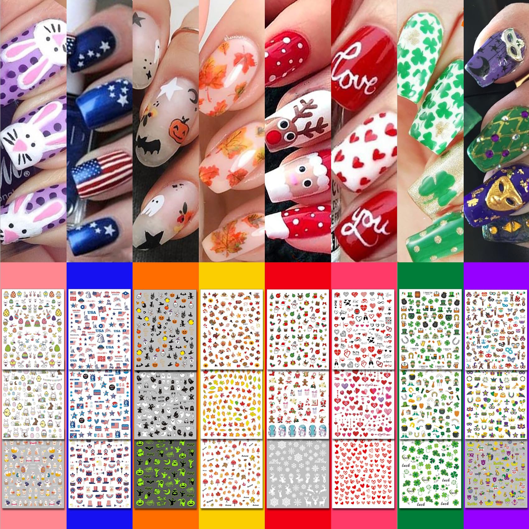 IDDFEVE 30 Sheets 8 Holiday Nail Art Stickers, Variety Pack All Season Nail Decals for All Year, Self-Adhesive Pegatinas Uñas 4th of July Halloween Fall Christmas Valentine St. Patrick's