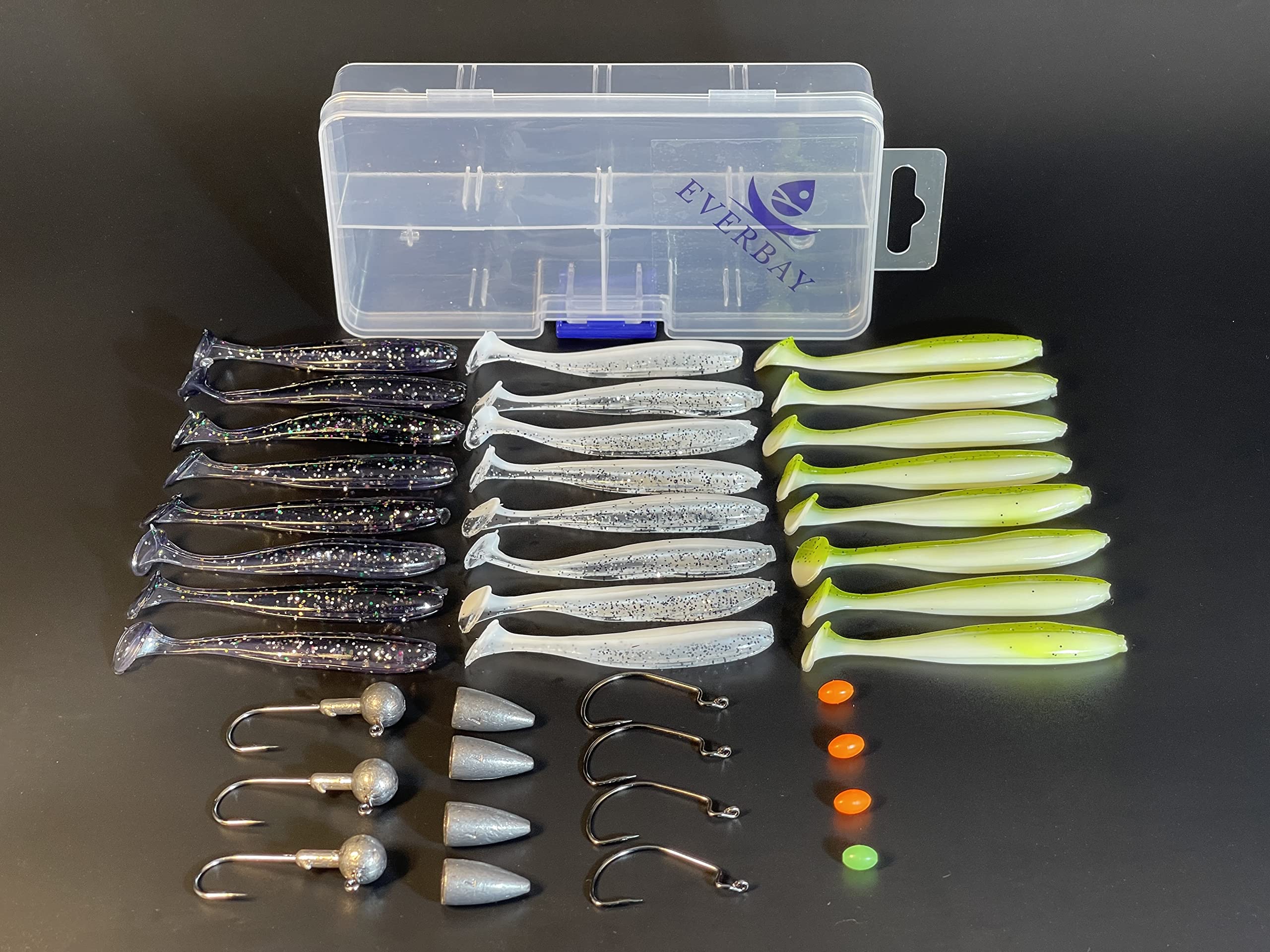 EVERBAY Fishing Soft Lures 7cm, Fishing Lures Jig Heads, Fishing Baits for Cod, Sea Bass, Pollock, Perch, Barbel, Pike, Zander, Catfish, Salmon, Freshwater & Saltwater Fishing Accessories, Set/39pcs