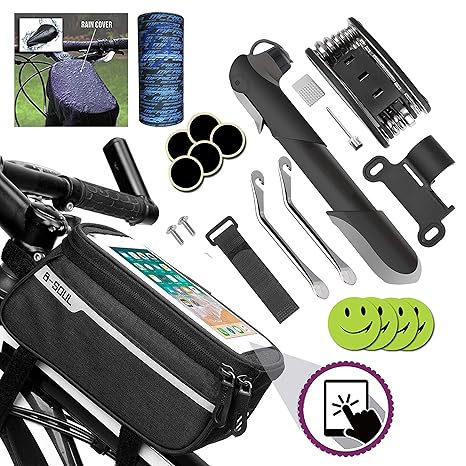 Fahrradtasche Rahmentasche Oberrohrtasche Fahrrad Handytasche Vorne Sensitive Touch-Screen,Mini Fahrradpumpe Luftpumpe,16 in 