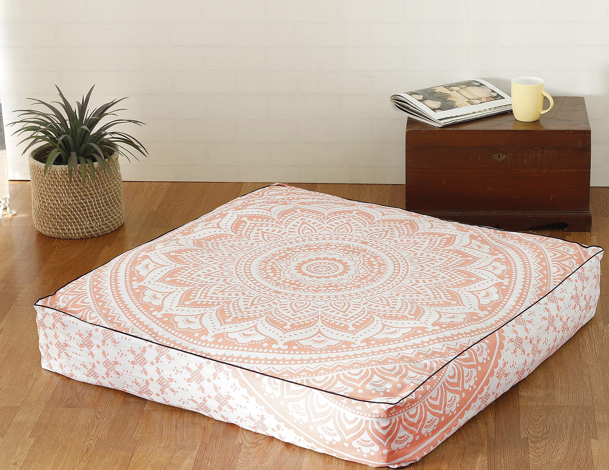 Popular Handicrafts Floor Pillow Cushion Cover - Indian Hippie Ombre Mandala Square Ottoman Daybed Oversized Cotton Cushion Cover with Heavy Duty Zipper - Dog-Pets Bed, 35" Rose Gold