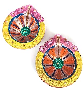 Traditional and Multicolored Handmade Earthen Decorative Clay Diya/Deepam/Kundhulu/Mitti Diya for Navaratri/Dussera,Diwali Celebration and for All Celebration Purpose (2, Decorated Clay)
