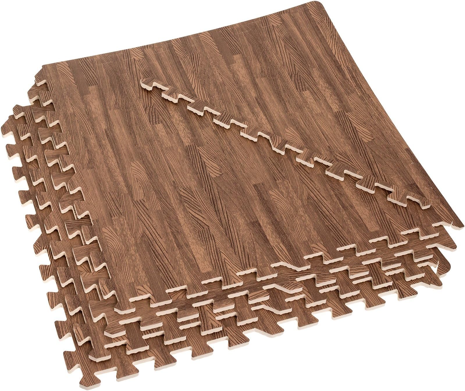 EVA Foam Exercise Mats - 64 Sq Ft Wood Grain Gym Floor Interlocking Mats (Dark)