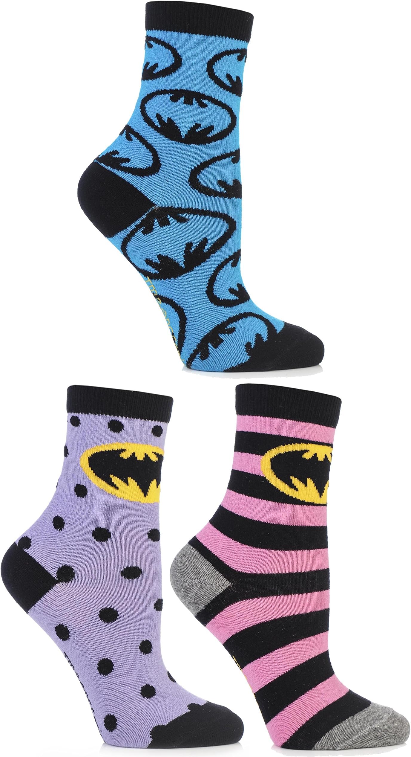 SockShop Women's 3 Pair Batman Stripe Spots and All Over Motif Cotton Socks