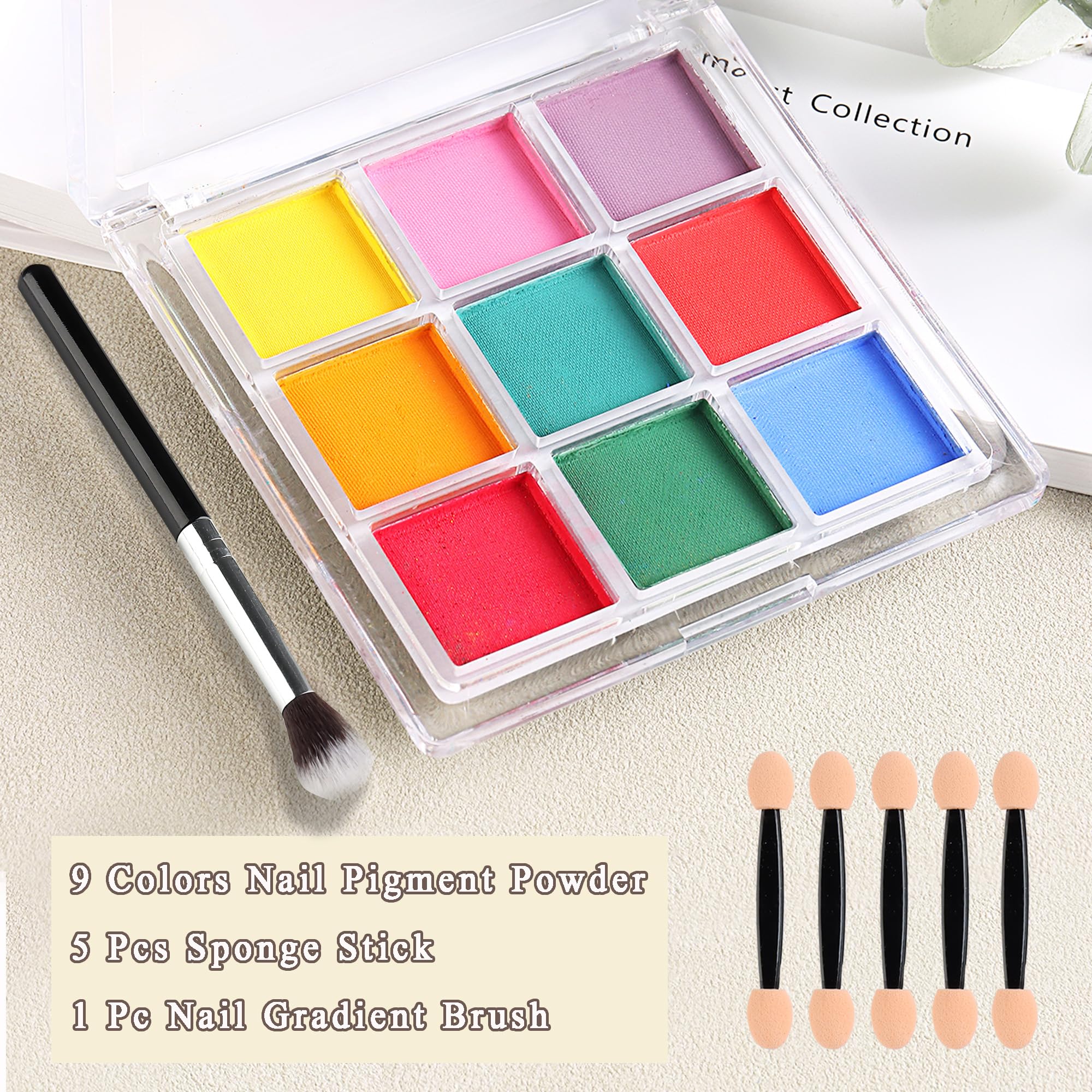 FSpronail Nail Pigment Palette - 9 Colors Gradient & Solid Neon Ombre Pigment Powder Set - Includes 5 Sponge Sticks & 1 Brush - Perfect for Beginners - Image 2