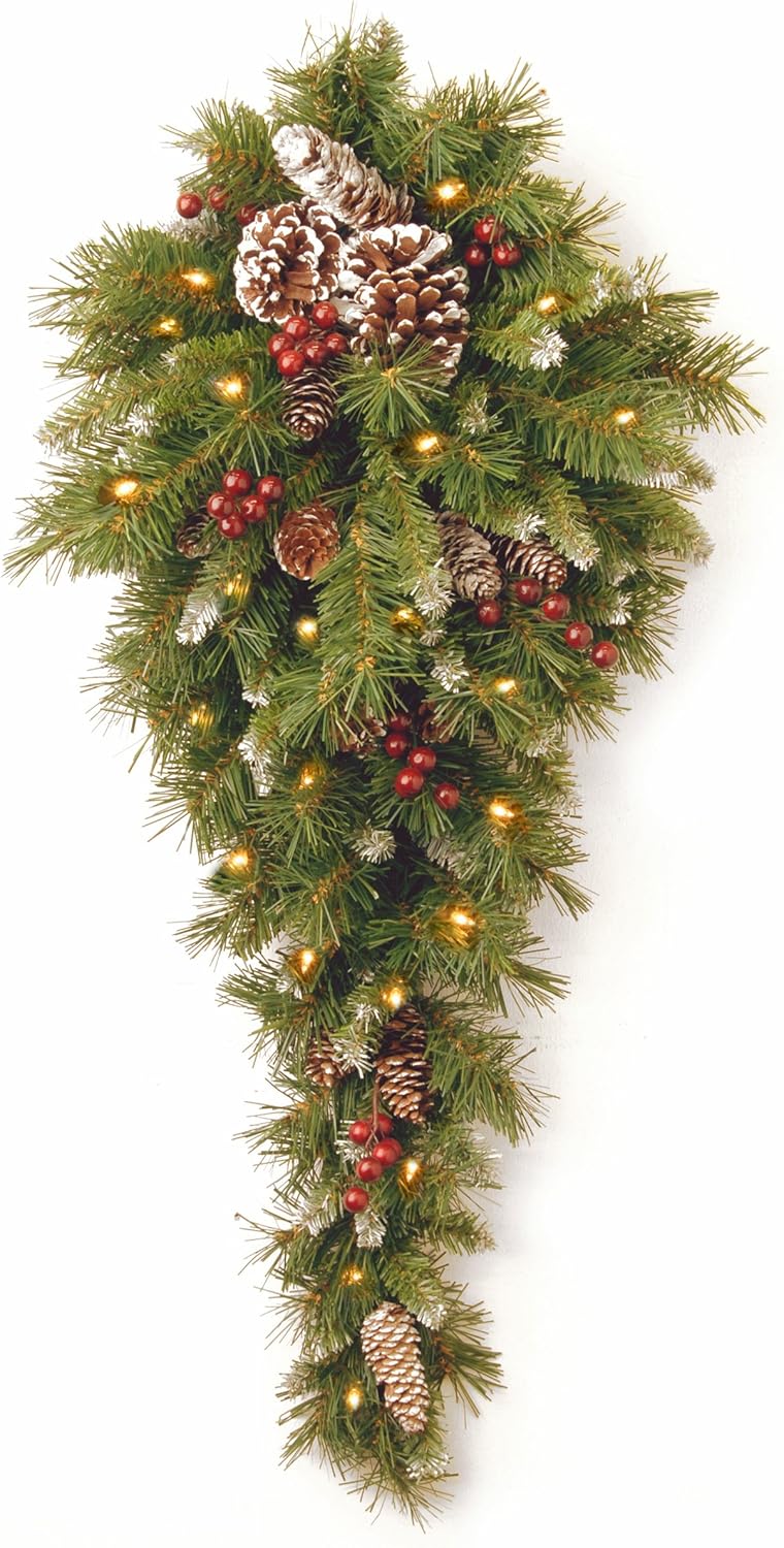 Wreaths, Garlands & Swags - National Tree Company Pre-Lit Artificial Christmas Teardrop, Green, Frosted Berry, White Lights, Decorated with Pine Cones, Berry Clusters, Frosted Branches, Christmas Collection, 36 Inches