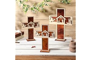 Huwena 3 Pcs Christmas Nativity Scene Cross Table Ornament Vintage Jesus Tabletop Decoration Rustic Farmhouse Nativity Set Holiday Wooden Dining Table Decoration for Home Tiered Tray Decor Xmas Signs