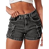 ELLEVEN Women's High-Stretch Cargo Shorts, Y2K Mini, High Waisted, Slim-Fitted Jean Shorts with Pockets