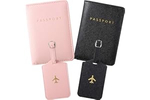 Weewooday 2 Set Mr and Mrs Passport Covers Holder and Luggage Tags Cute Leather Wallets Holder Travel Luggage Tags for Women Men Gift(Pink, Black)