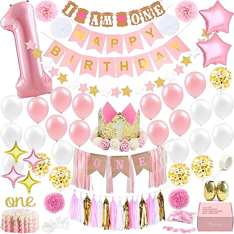 Amazon 1歳の誕生日ガールデコレーション 誕生日の王冠付き 赤ちゃんの初めての誕生日デコレーション 女の子 ピンクとゴールドのパーティー用品 バルーン1個 ハートと紙吹雪バルーン ハッピーバースデーバナー ケーキトッパー 1個 風船 バルーン おもちゃ