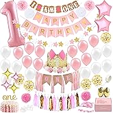 1st Birthday Girl Decorations WITH Birthday Crown- Baby First Birthday Decorations Girl - Pink and Gold Party Supplies - One Balloon, Heart and Confetti Balloons, Happy Birthday Banner ONE Cake Topper