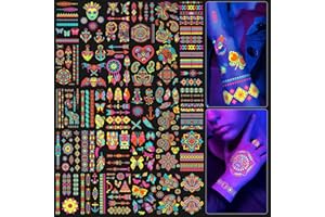 SOOVSY 32 Sheets Glow in the Dark Temporary Tattoos, Glitter Tattoo Kit, 180+ Styles Fluorescence UV Neon Fake Waterproof Flash Tattoos for Women Men, Adults Rave Festival Accessory Party