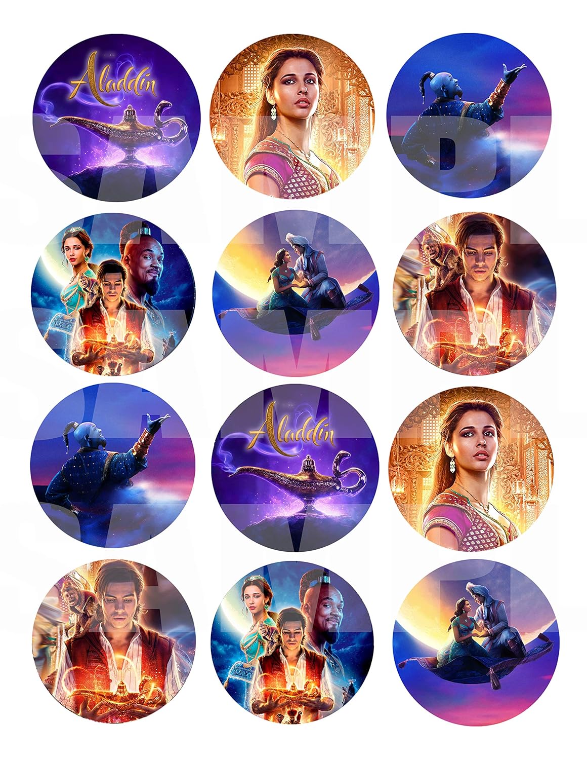 Aladdin Movie Stickers, Large 2.5” Round Circle DIY Stickers to Place onto Party Favor Bags, Cards, Boxes or Containers -12 pcs Alladin Princess Jasmine Jafar Genie Magic Lamp