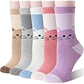 Welwoos Women Merino Wool Cat Socks Thermal Winter Warm Thick Cozy Cute Fun Crew Boot Socks 5 Pairs