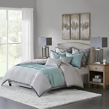 Hampton Hill Tranquility Queen Size Bed Comforter Duvet 2 In 1 Set Bed In A Bag Teal Grey Pieced 8 Piece Bedding Sets Ultra Soft Microfiber