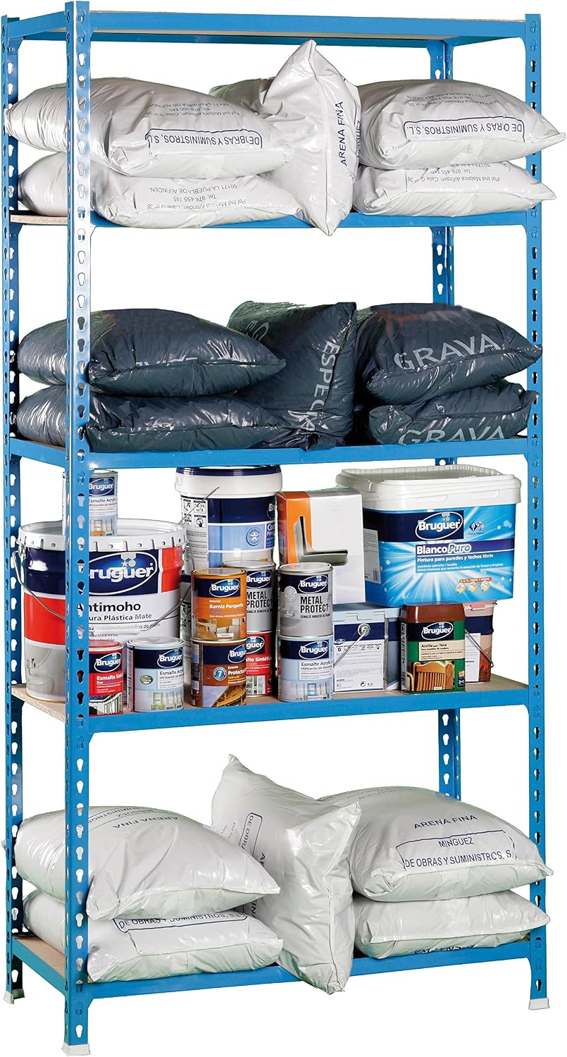 Simon Rack Garage Shelving Unit 1800x900x300 mm, 5 Tier Metal Rack with 16 mm MDF Shelves, 150 kg per Shelf, Blue/Wood - Maderclick - Image 3